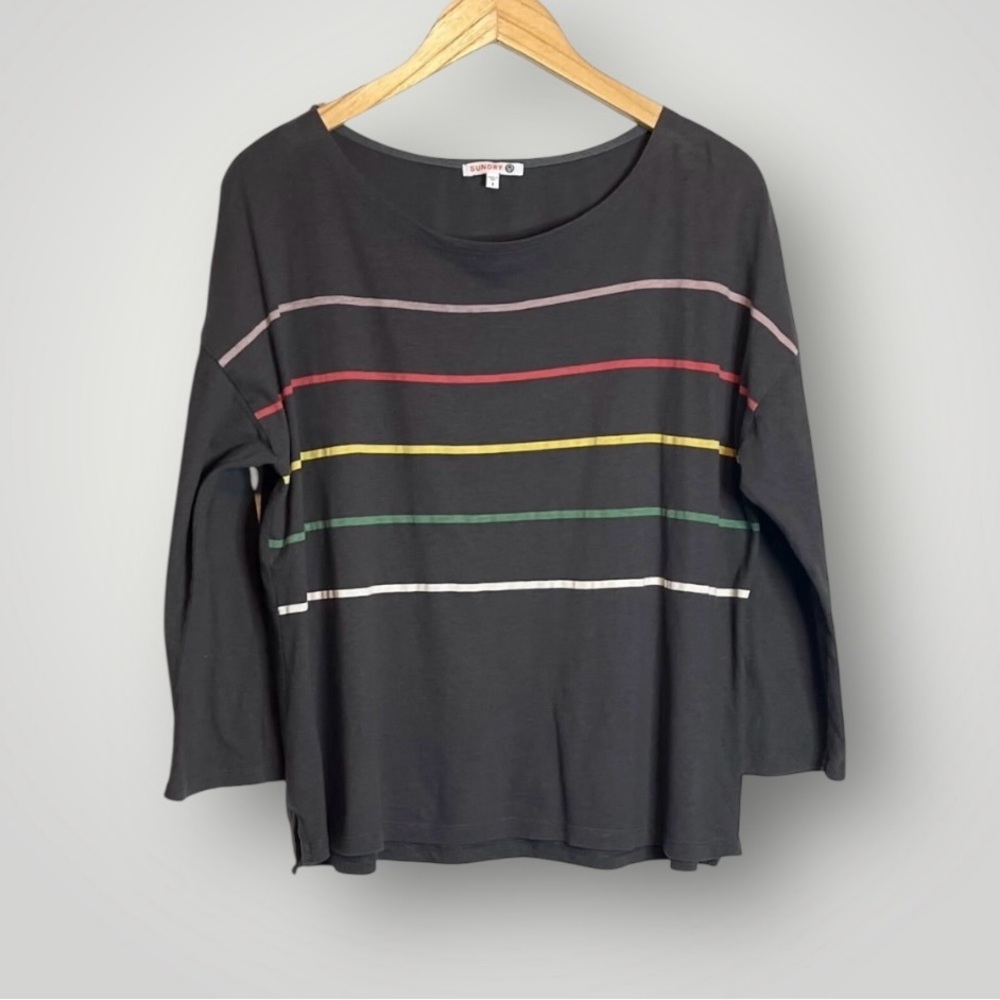 Sundry Striped Pullover Top Size Large 3/4 Sleeve Gray 100% Cotton EUC - Picture 2 of 8